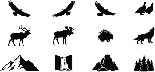 Fototapeta premium Wilderness wildlife silhouettes set featuring forest animals birds mountains and pine trees for outdoor adventure designs