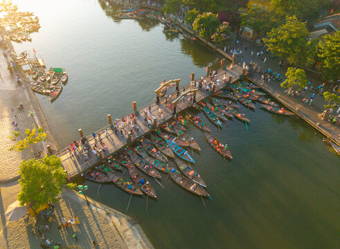 Aerial panoramic view of Hoi An city, Da Nang province, Vietnam. Panoramic footage of Hoian ancient town, UNESCO world heritage. One of the most travel popular touristic destinations 
