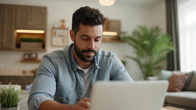 Happy hispanic man working on laptop at home.