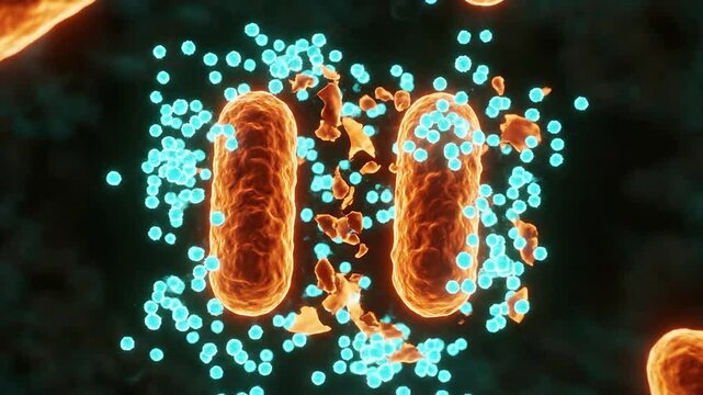 Glowing Antimicrobial Peptide Concept Illustrating Molecular Interaction With Cells In A Scientific Background