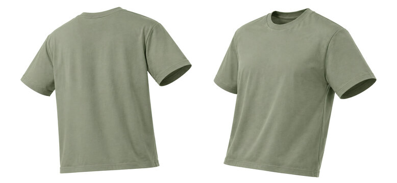 Blank t-shirt mockup on transparent background, isolated front and back view of khaki green crewneck shirts for apparel design presentation.