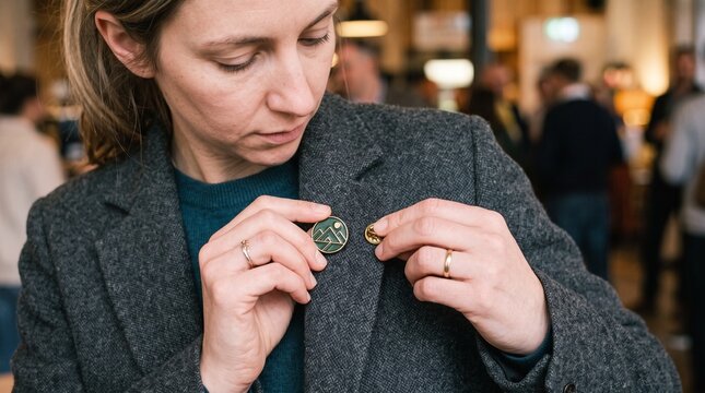 Woman attaches a circular mountain landscape pin to her blazer lapel in a social gathering