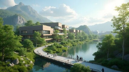 Fototapeta premium Carbon-neutral innovation campus surrounded by green infrastructure and renewable energy, realistic 4K.