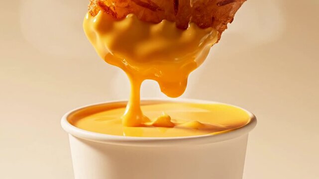 Golden Hash Brown Edge Dipping Into Creamy Cheddar Cheese Sauce Cup Against a Soft Pale Background