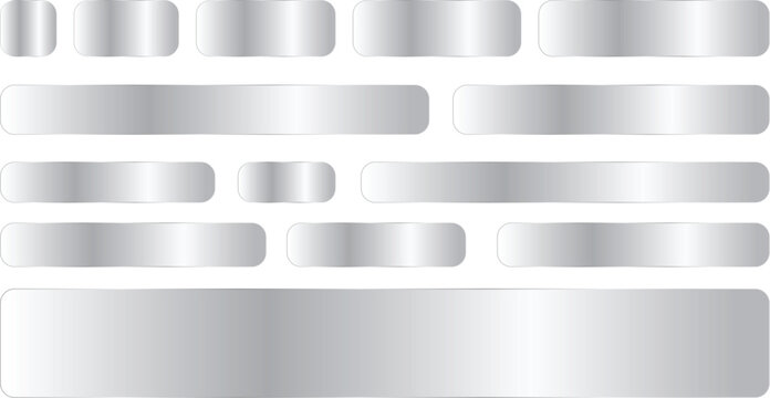 Set of metallic silver banners, buttons and labels with gradient effect, chrome texture, shiny steel plates, vector illustration