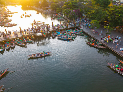 Aerial panoramic view of Hoi An city, Da Nang province, Vietnam. Panoramic footage of Hoian ancient town, UNESCO world heritage. One of the most travel popular touristic destinations 

