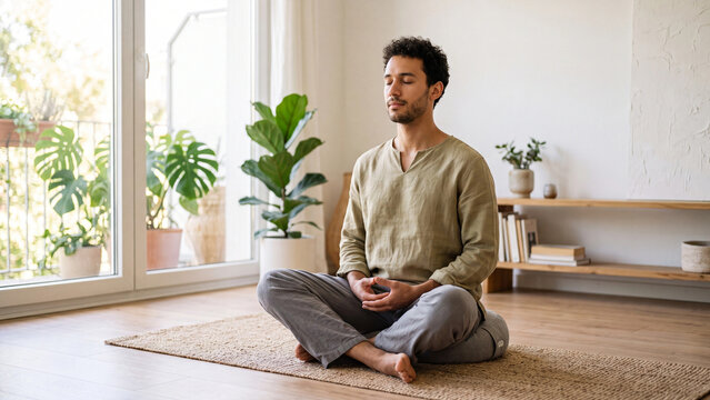 A serene young man sits cross-legged on a mat in a peaceful room with plants, eyes closed, practicing meditation or yoga in a calm and focused state.