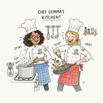 Two happy chefs, a woman and a man, cooking together in Gemma's kitchen.