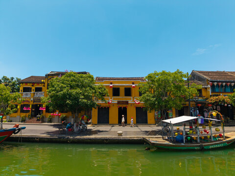 Aerial panoramic view of Hoi An city, Da Nang province, Vietnam. Panoramic footage of Hoian ancient town, UNESCO world heritage. One of the most travel popular touristic destinations 