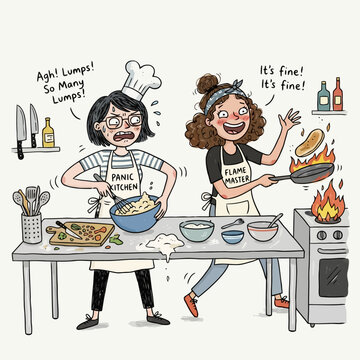 Two women cooking, one panicking over lumps in batter, other confidently managing flaming food.