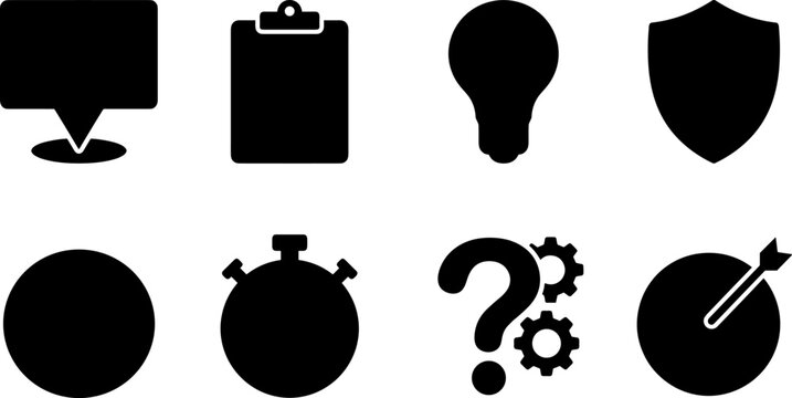 Business and productivity icons showing communication, ideas, security, problem-solving, and achievement in silhouette vector style