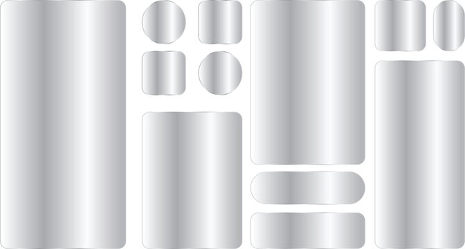 Set of metallic silver glossy blank labels, buttons and stickers of various shapes, including rectangles, squares, circles and rounded shapes