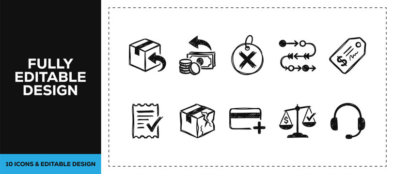 Black ink scribble ecommerce shopping and retail store icon set bundle featuring hand drawn doodle sketch vector illustrations for online business and delivery branding design art.