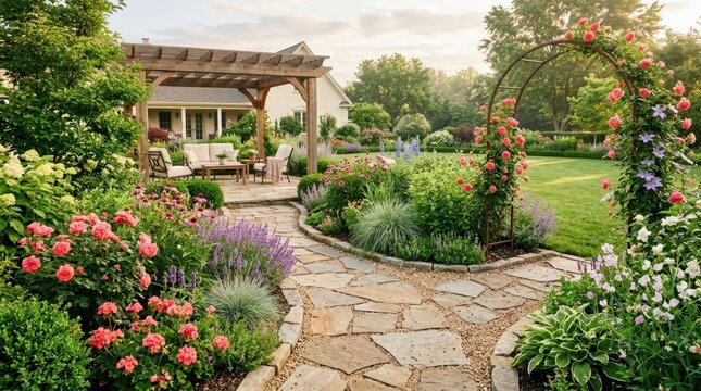 Beautifully landscaped garden with a stone pathway leading to a pergola and outdoor seating area