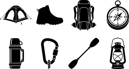 Camping and hiking equipment icon set featuring tent hiking boot backpack compass thermos carabiner paddle and lantern © creativeDesigner2023
