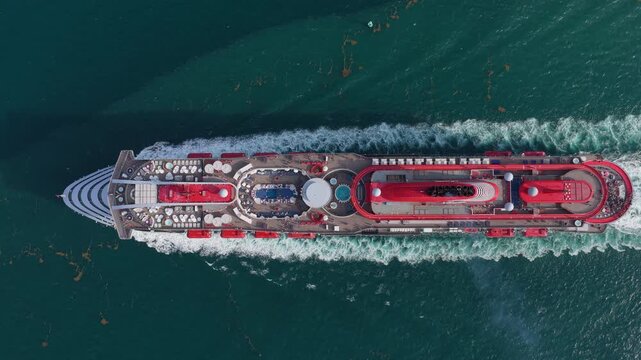 Luxury liner resort. Cruise ship voyage. Entertainment deck. Aerial top view of cruise summer vacation. Cruise ship tour and travel at sea. Aerial luxury liner voyage. Ship top view. Disembark ship