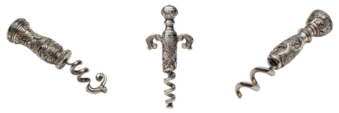 Set of Premium sterling silver roundlet style corkscrew displayed upright with elegant craftsmanship on transparent png background. Ai generated