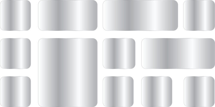 Set of metallic silver buttons, glossy chrome rectangular and square shapes, shiny metal plates with rounded corners, realistic vector illustration
