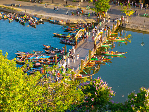 Aerial panoramic view of Hoi An city, Da Nang province, Vietnam. Panoramic footage of Hoian ancient town, UNESCO world heritage. One of the most travel popular touristic destinations 
