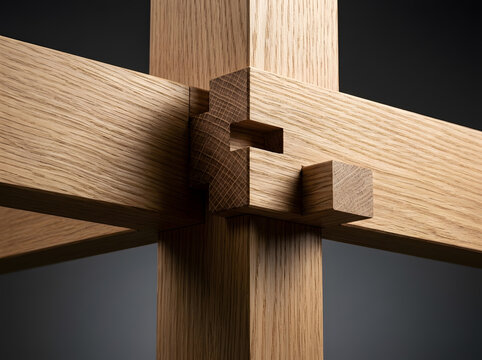 Close Up of Interlocking Mortise and Tenon Wood Joint | Precision Craftsmanship in Traditional Japanese Joinery | Complex Timber Frame Connection with Central Cross Beam
