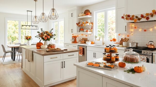 Cozy kitchen decorated for Halloween with pumpkins, cupcakes, and fall flowers