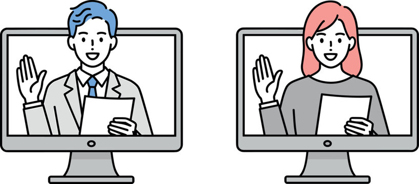 Online webinar concept with businessman and woman presenter speaking from computer monitors flat vector line illustration