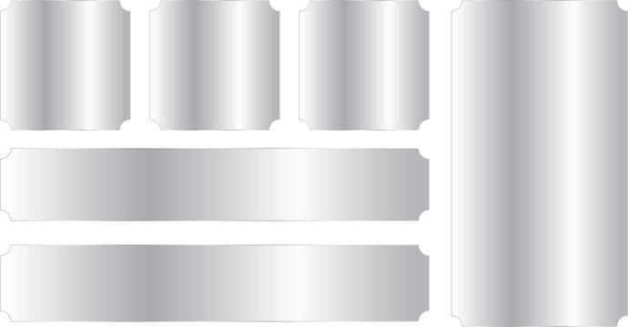 Set of metallic silver banners and labels with rounded corners, glossy chrome texture plates for text or design elements