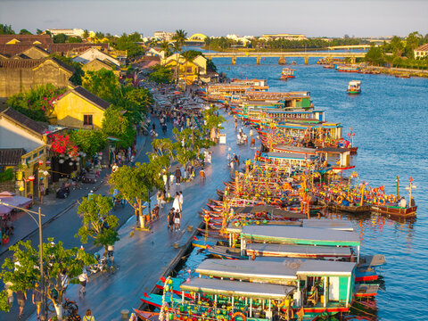 Aerial panoramic view of Hoi An city, Da Nang province, Vietnam. Panoramic footage of Hoian ancient town, UNESCO world heritage. One of the most travel popular touristic destinations 
