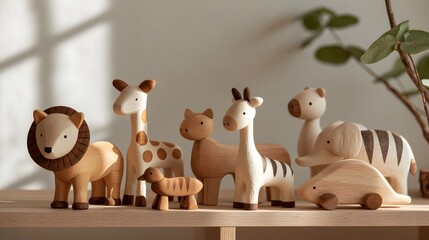 Obraz premium A collection of hand carved wooden animal figurines arranged on a light wood shelf under soft natural lighting