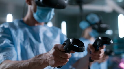 Fototapeta premium Person wearing VR headset and holding two black controllers in a clinical setting with another person blurred in background