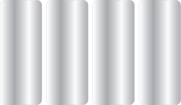 Set of four vertical metallic silver glossy rounded rectangular banners, shiny chrome texture, polished metal plates, modern web buttons, abstract gradient background elements