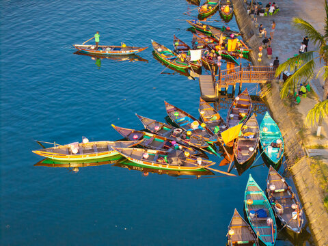 Aerial panoramic view of Hoi An city, Da Nang province, Vietnam. Panoramic footage of Hoian ancient town, UNESCO world heritage. One of the most travel popular touristic destinations 
