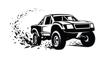 Black and white silhouette of a powerful offroad racing truck drifting through dirt and dust © NoNick