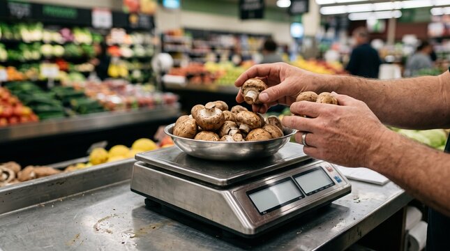 Hands weighing fresh mushrooms on a digital scale in a grocery store produce department setting