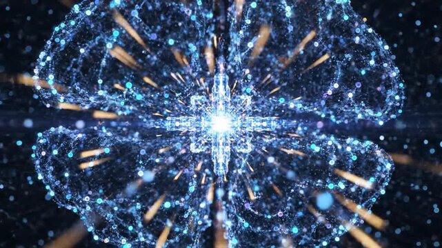 Close-up view of a glowing blue digital brain structure composed of intricate light particles and radiating golden light beams from its center against a dark backdrop