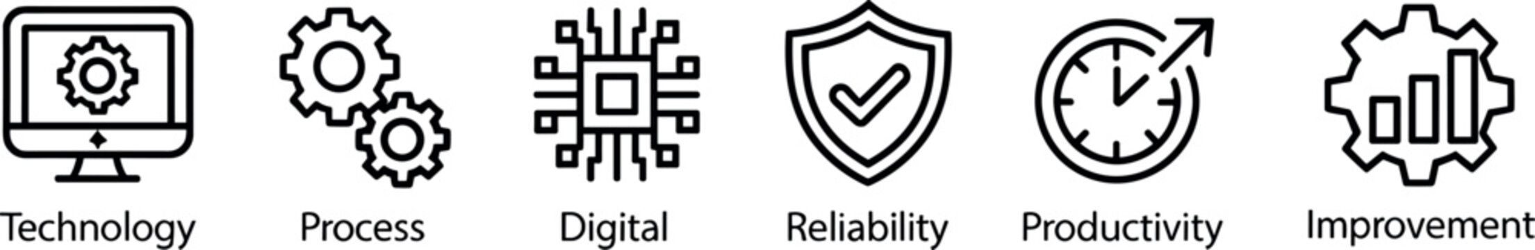 Business development and technology line icon set with process digital reliability productivity and improvement symbols