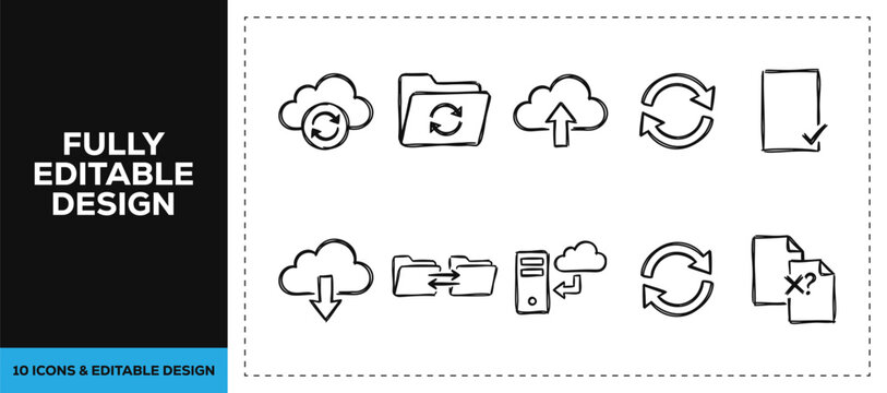 Black ink scribble cloud storage and data computing icon set bundle featuring hand drawn doodle sketch vector illustrations for tech hosting and digital backup branding design art.