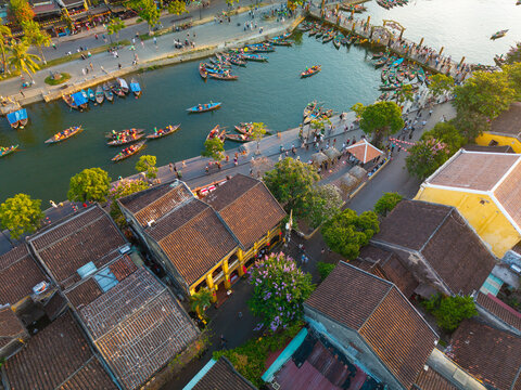 Aerial panoramic view of Hoi An city, Da Nang province, Vietnam. Panoramic footage of Hoian ancient town, UNESCO world heritage. One of the most travel popular touristic destinations 
