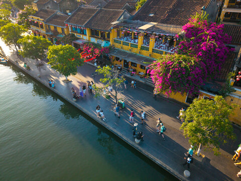 Aerial panoramic view of Hoi An city, Da Nang province, Vietnam. Panoramic footage of Hoian ancient town, UNESCO world heritage. One of the most travel popular touristic destinations 
