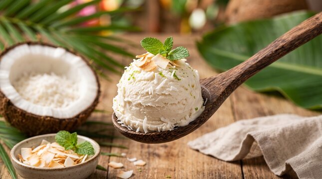 Refreshing coconut ice cream scoop topped with toasted flakes and mint in a ceramic bowl. Tropical summer vacation dessert on a rustic wooden table with fresh coconuts and palm leaves.ice cream, cocon