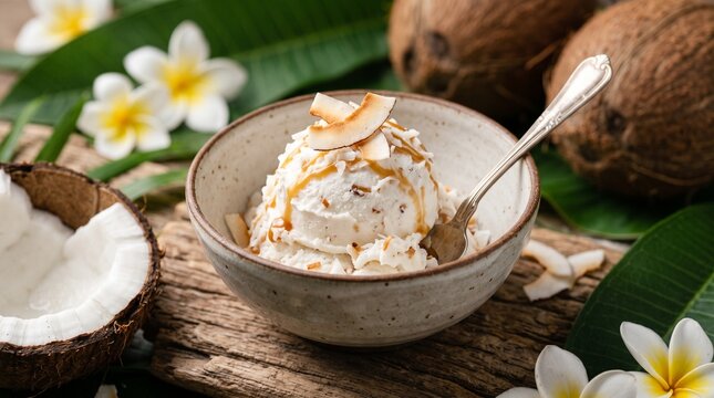 Refreshing coconut ice cream scoop topped with toasted flakes and mint in a ceramic bowl. Tropical summer vacation dessert on a rustic wooden table with fresh coconuts and palm leaves.ice cream, cocon