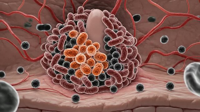 High-Detail Illustration of MRSA-Resistant Skin Bacteria Interacting with Human Skin Cells Highlighting Bacterial Resistance Mechanisms in Medical Research