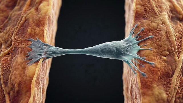 Fibroblast bridging a wound gap to pull tissue edges together