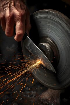 Hands Sharpening Knife on Spinning Grinding Stone