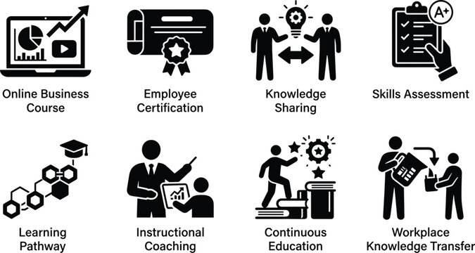 Corporate Learning and Professional Development Icons Set with Knowledge Sharing Coaching Certification and Skills Assessment