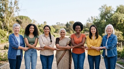 Fototapeta premium Diverse group of women of different ages and ethnicities holding hands in unity outdoors