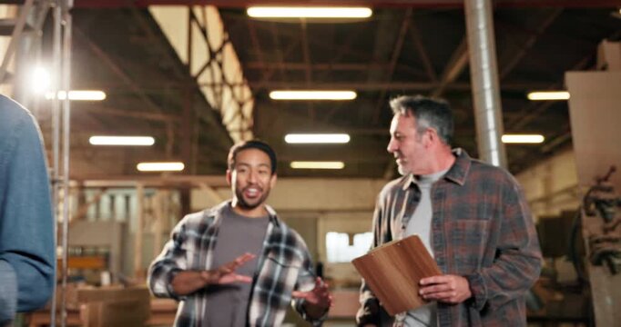Carpentry, clipboard and conversation with men in warehouse together for manufacturing. Collaboration, discussion and tablet with people walking in woodworking plant for agenda, planning or schedule