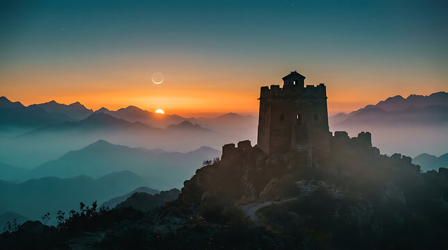 Old stone watchtower against partial solar eclipse at dusk