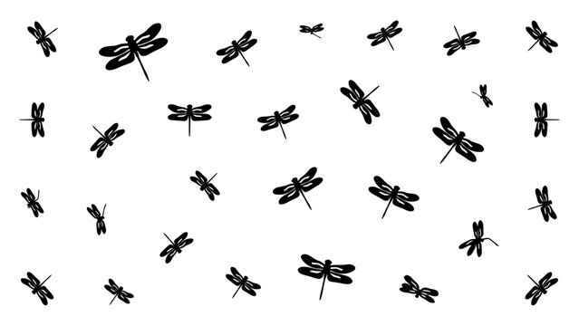 Dragonflies in Black Silhouette Scattered Across a White Background Featuring Dragonfly, Insect, Nature with Illustration
