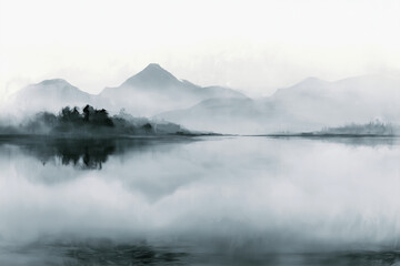 Obraz premium Minimalist Japanese ink painting of misty mountains and lake with water reflection